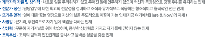 개척자적 자질 및 창의력 : 새로운 일을 두려워하지 않고 주어진 일에 안주하지 않으며 혁신과 독창성으로 경쟁 우위를 유지하는 인재 / 전문가 정신 : 담당업무에 대한 최고의 전문성을 겸비하고 조직과 유기적으로 적응하는 창조적이고 협력적인 전문 인재 / 뜨거운 열정 : 일에 대한 끓는 열정으로 자신의 삶을 주도적으로 이끌어 가는 인재(지금 여기에서(Here & Now)의 자세 ) / 사명감 : 끈기와, 추진력으로 자기 일에 책임을 다하는 인재 / 상상력 : 꾸준히 자기계발을 위해 학습하며, 풍부한 상상력을 가지고 자기 틀에 갇히지 않는 인재 / 조직우선 : 조직의 팀웍과 인간관계를 중시하고 올바른 성품을 갖춘 인재